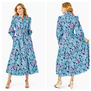 Lilly Pulitzer Mira Stretch Midi Shirt Dress in High Tide Navy Blue Size 2